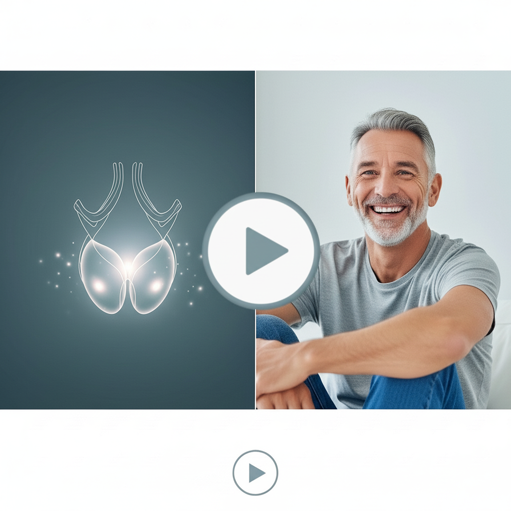 Homem feliz e próstata saudável simbolizando alívio